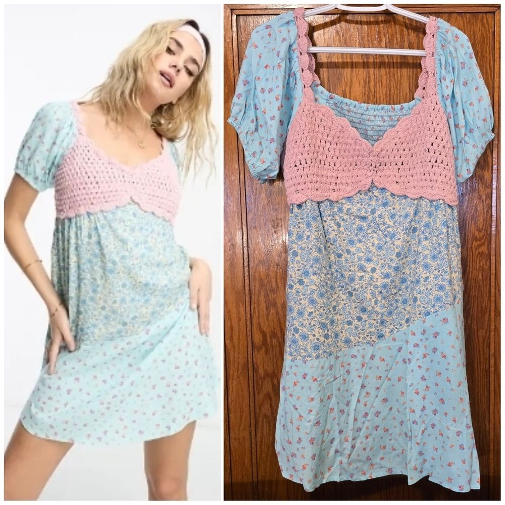 ASOS Ditzy Floral Crochet Sweetheart Mini Dress Balloon Sleeves US Size 10